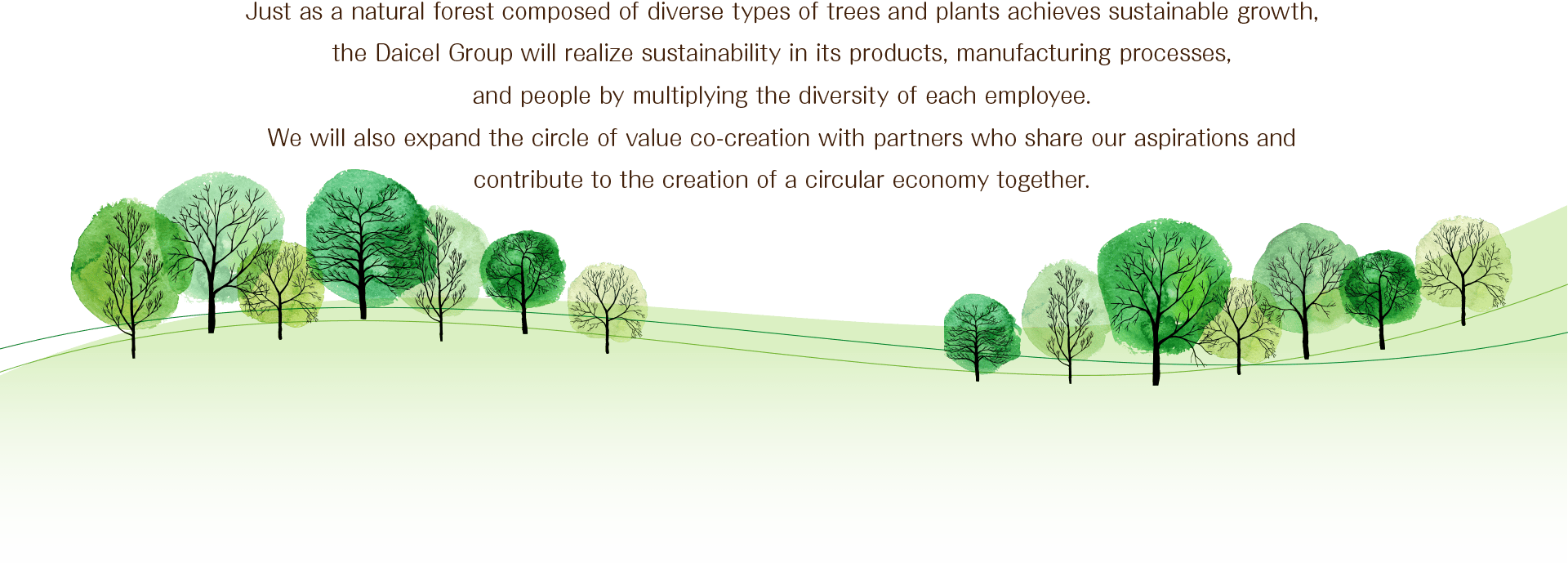 Just as a natural forest composed of diverse types of trees and plants achieves sustainable growth, the Daicel Group will realize sustainability in its products, manufacturing processes, and people by multiplying the diversity of each employee. We will also expand the circle of value co-creation with partners who share our aspirations and contribute to the creation of a circular economy together.