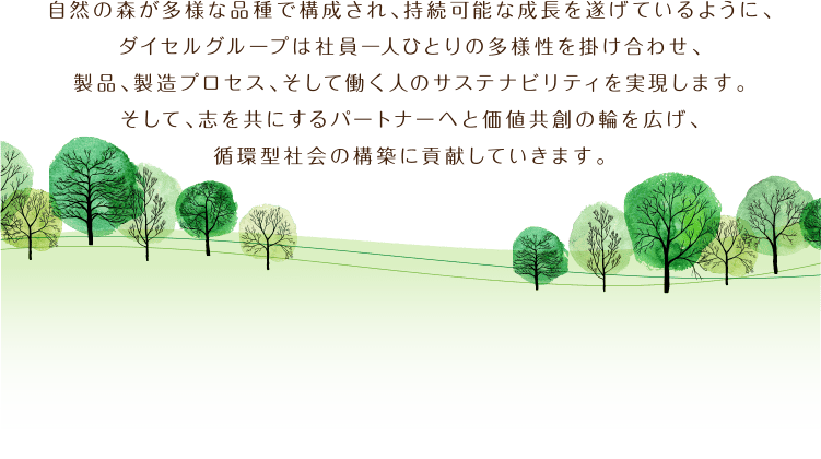 自然の森が多様な品種で構成され、持続可能な成長を遂げているように、ダイセルグループは社員一人ひとりの多様性を掛け合わせ、製品、製造プロセス、そして働く人のサステナビリティを実現します。そして、志を共にするパートナーへと価値共創の輪を広げ、循環型社会の構築に貢献していきます。