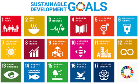 持続可能な開発目標（SDGs） SUSTAINABLE DEVELOPMENT GOALS 1：貧困をなくそう 2：飢餓をゼロに 3：すべての人に健康と福祉を 4：質の高い教育をみんなに 5：ジェンダー平等を実現しよう 6：安全な水とトイレを世界中に 7：エネルギーをみんなにそしてクリーンに 8：働きがいも経済成長も 9：産業と技術革新の基盤をつくろう 10：人や国の不平等をなくそう 11：住み続けられるまちづくりを 12：つくる責任つかう責任 13：気候変動に具体的な対策を 14：海の豊かさを守ろう 15：陸の豊かさも守ろう 16：平和と公正をすべての人に 17：パートナーシップで目標を達成しよう